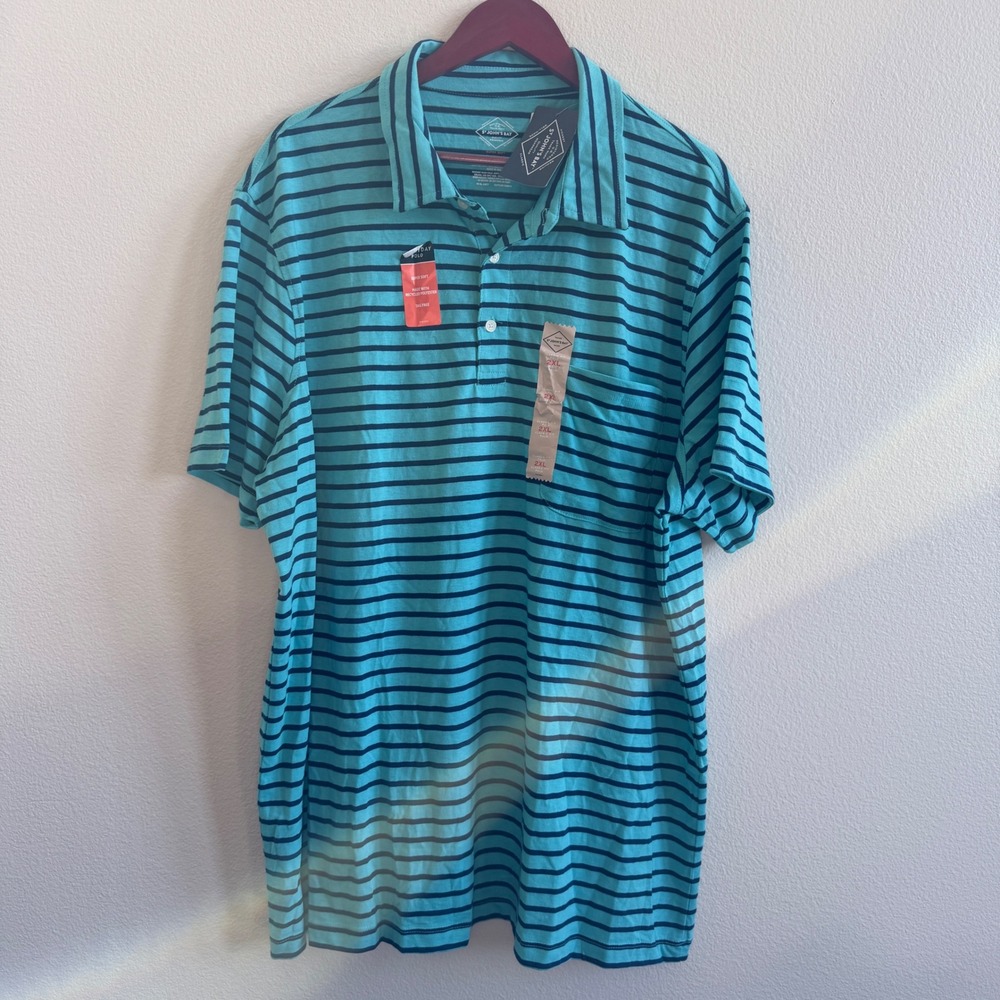 St. Johns Bay Mens 2XL Everyday Polo Shirt Turquoise Navy Blue Striped New